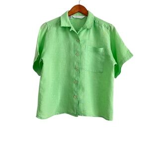 VTG Richard Malcolm 100% Linen Button Down Blouse Sz 6 Lime Green Classic Retro